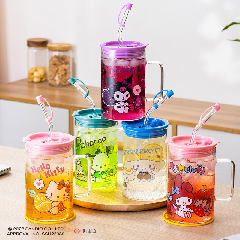 古杰士三丽鸥吸管玻璃杯HelloKitty库洛米可爱卡通女生水杯手柄杯