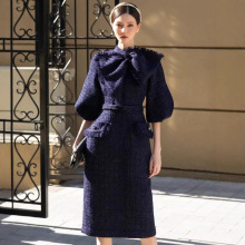 越南小众2025秋季新款粗花呢中袖蝴蝶结设计感修身连衣裙礼服1300