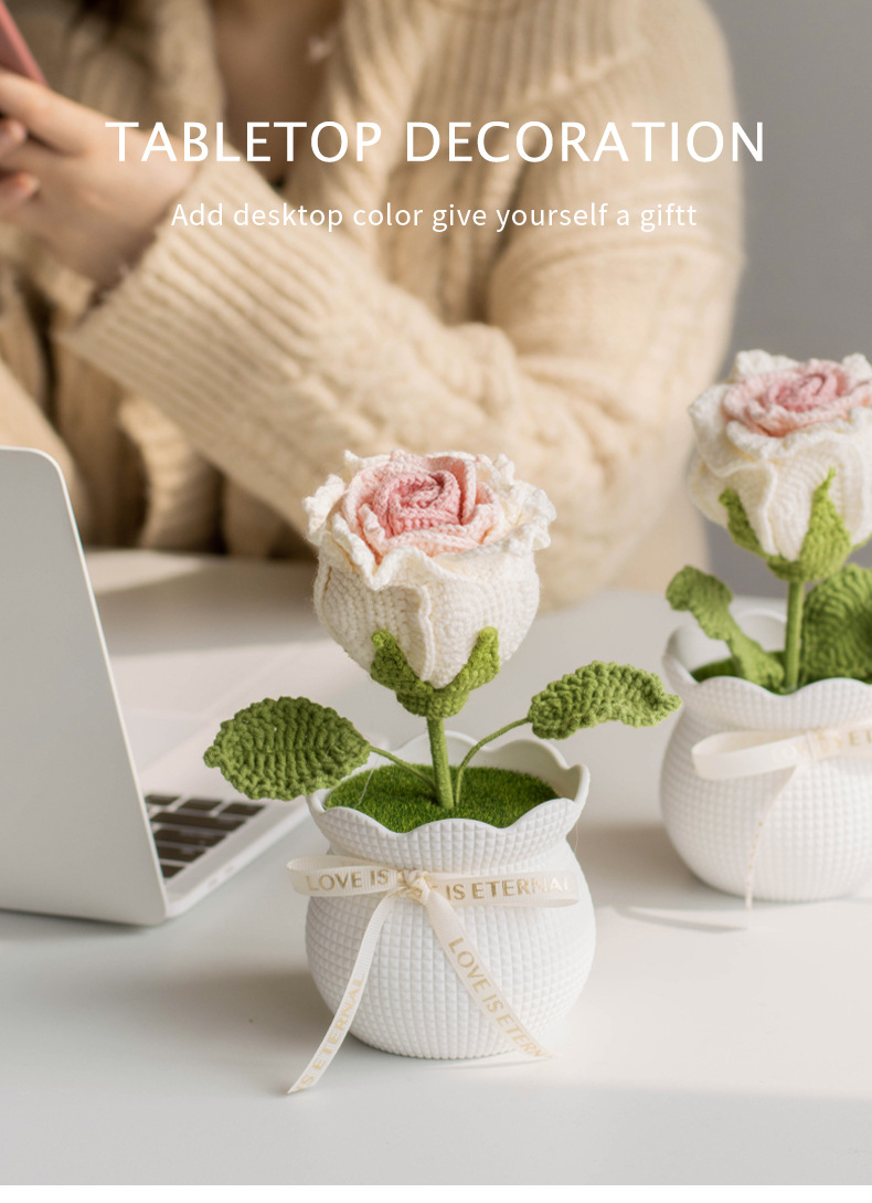 Ready-made hand-knitted rose artificial flower potted plants, office desktop potted plants, knitted flower ornaments, artificial flowers wholesale pic 6