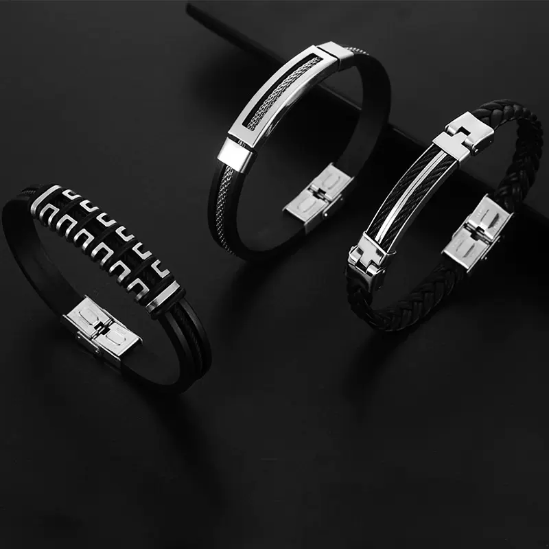 编织绳皮革钛钢手链硅胶手环欧美跨境男士个性饰品热销链条手工