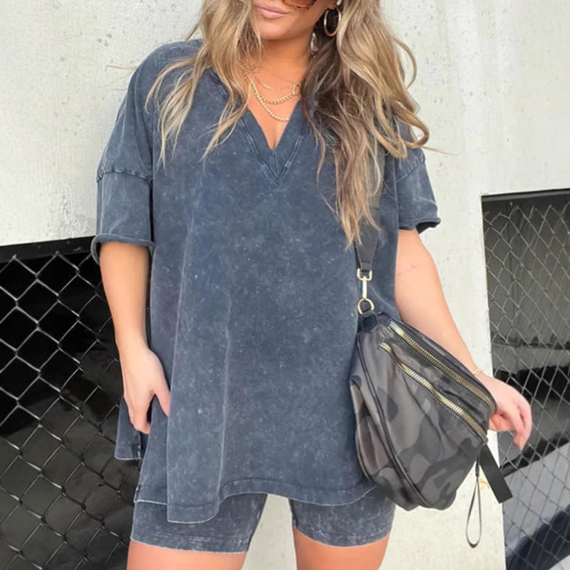 Independent Station Hot Selling European and American Women's V-neck Imitation Denim Suit Short-sleeved T-shirt Casual Two-piece High Waist Slimming Shorts
