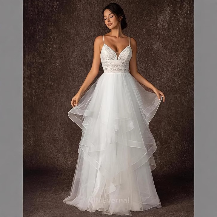 2026 Summer New Style White Deep V-Neck European and American Wedding Dress with Straps, Elegant and Unique Wedding Gown, Long Elegant Evening Dress