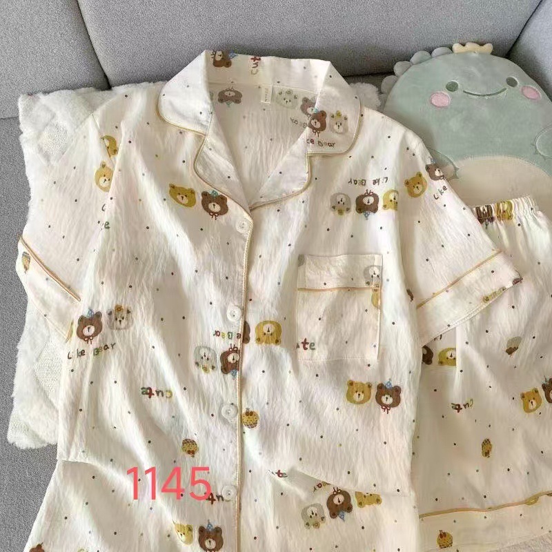 Al por mayor transfronterizo cantidad de preciosos pantalones cortos de mangas cortas de verano pijamas de nube de algodón nuevo cardigan con solapa dibujos animados ropa para el hogar