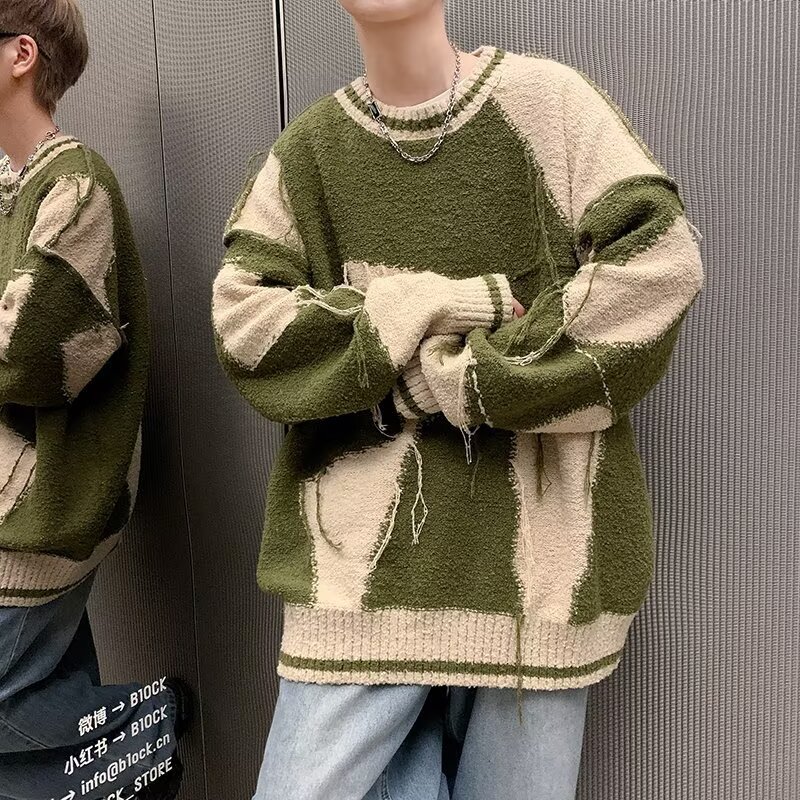 Invierno camuflaje de diseño de bordilla sensación de viento perezoso camiseta de punto pareja de hombre y mujer engrosada industria pesada suéter de color contraste chaqueta