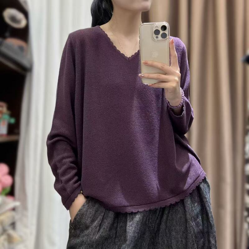 2025秋韩版宽松简约V领波浪边纯色套头针织衫百搭毛衣上衣女0820|undefined