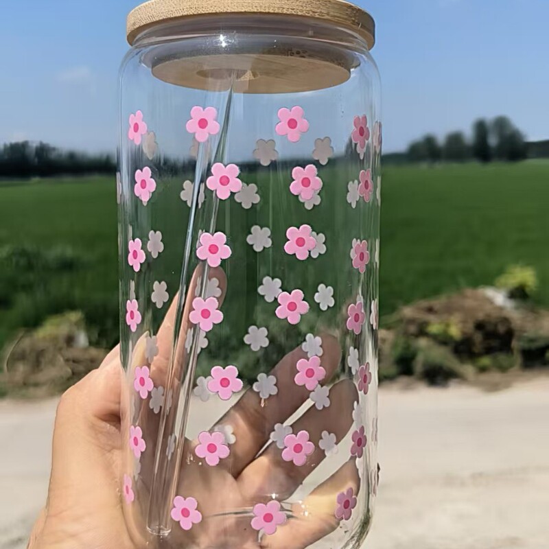 跨境现货印花可乐杯蝴蝶印花水杯高硼硅玻璃杯粉色磨砂可乐杯批发|undefined