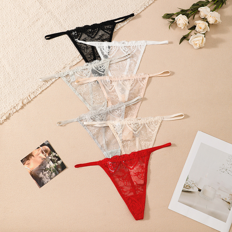 Cross-border foreign trade lace T-pants with thin straps, hollow-out seductive underwear, sexy cotton crotch low-rise thong for women, transparent and sexy Cross-border foreign trade lace T-pants with thin straps, hollow-out seductive underwear, sexy cotton crotch low-rise thong for women, transparent and sexy