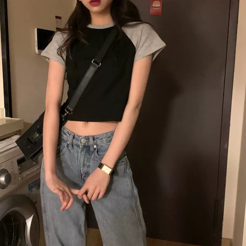 撞色短袖女韩版高腰潮ins百搭学生上衣夏2025年新款露脐短款t恤女