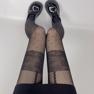 Spring and Summer ultra-thin pure style Japanese sweet fake high-top strap polka dot jacquard heart-wrapped silk stockings sexy black silk