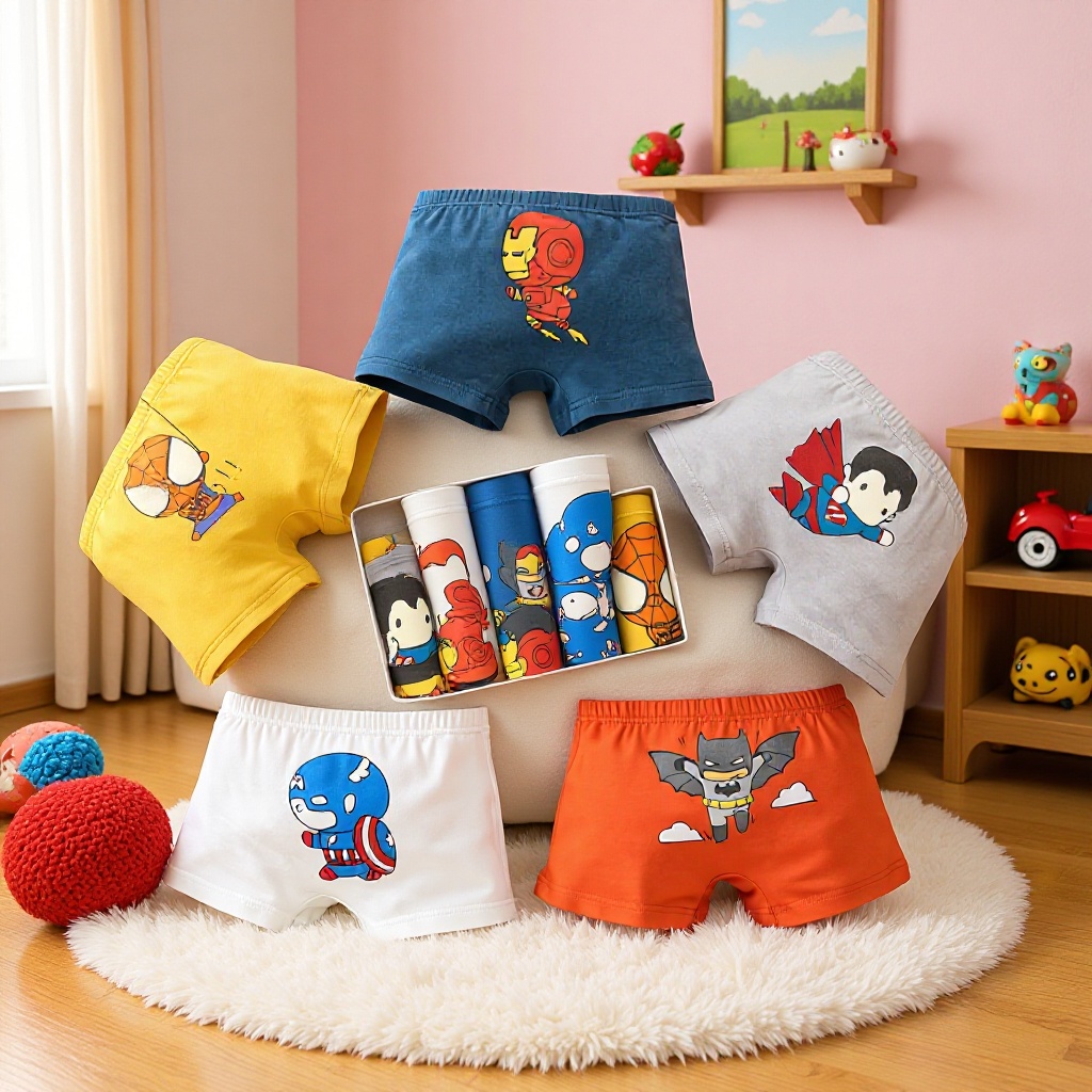 Boys' Pure Cotton Boxer Briefs with Superhero Cartoon Print, Class a Children's Four-Corner Shorts, Wholesale from Manufacturer