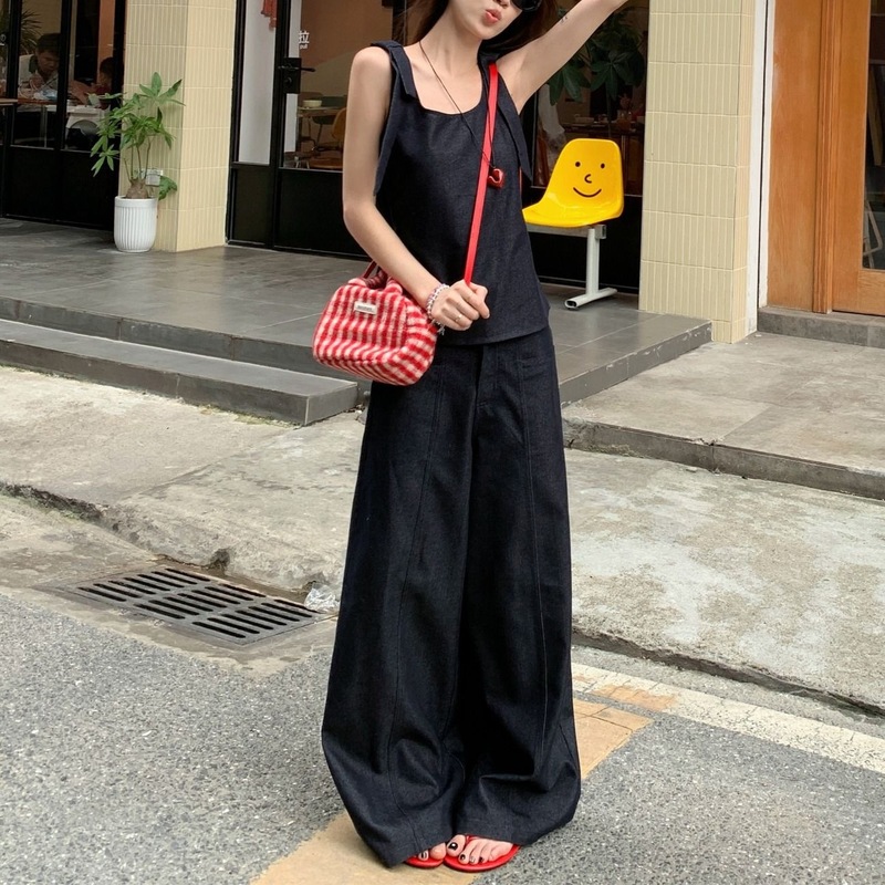 韩系新款设计感纯色绑带背心吊带上衣女夏季显瘦纯色裤长裤两件套|undefined
