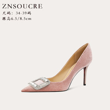 718-41新款水钻尖头单鞋性感细跟丝绒简约高跟浅口鞋透气羊皮单鞋