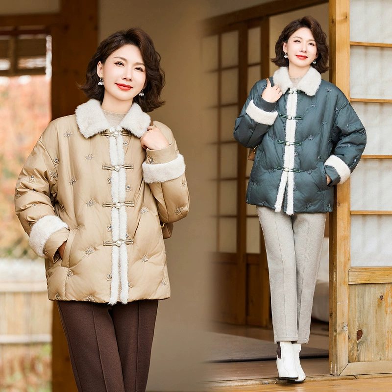 Новая китайская мама зимняя белая утка пуховик 2024 новая иностранная женщина среднего и пожилого возраста имитация норка бархатная куртка