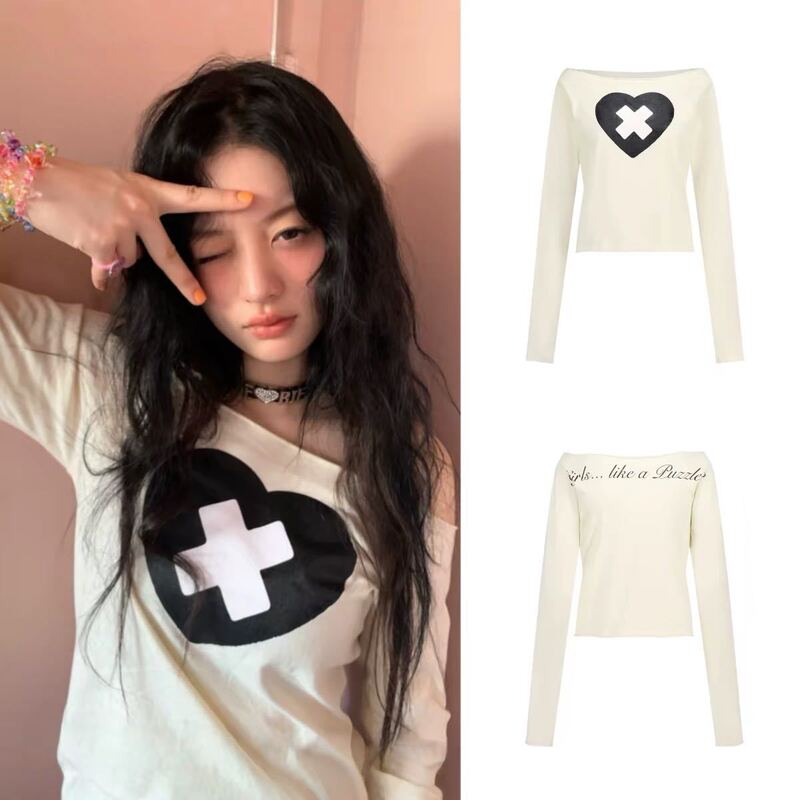In-Stock Illit Same Style Spring New Korean Niche Trendy Brand Y2K Sweet and Spicy Style Heart-Shaped Off-Shoulder Long-Sleeve T-Shirt