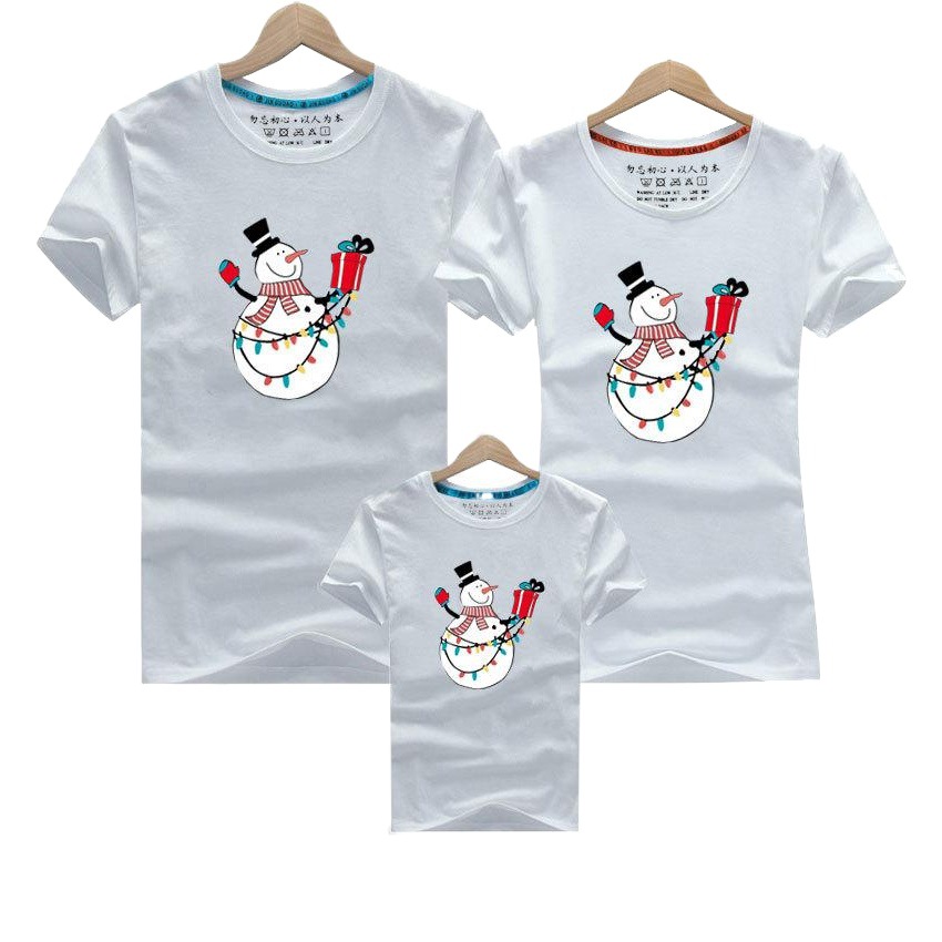 Día de Año Nuevo Navidad Muñeco de nieve autoproducido y vendido algodón refinado ropa para padres e hijos de venta rápida ropa para niños manga corta cuello redondo Camiseta al por mayor familia