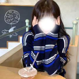 法式复古撞色条纹长袖针织衫女早秋独特超好看设计感宽松单穿上衣