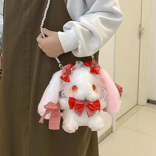Japanese Lolita cute Lolita shoulder plush bag lace bow strawberry rabbit doll small shoulder bag