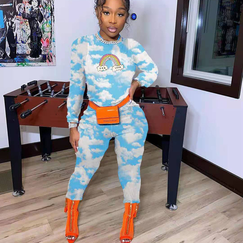 6415 Cross-Border Women's Fashion Casual Sports Pants Set, Blue Sky and White Clouds Rainbow Print Two-Piece Set, European and American Style