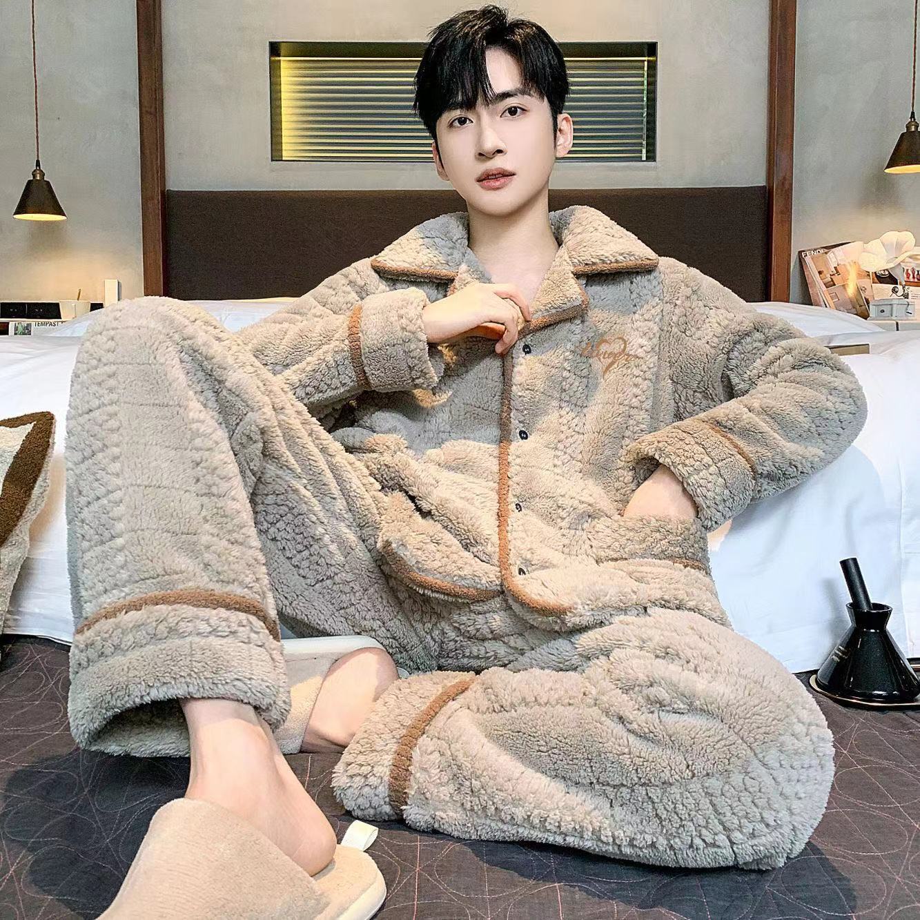 Men's Pajamas Winter Coral Fleece Plus Velvet Thickened Large Size 90kg Cardigan Warm Flannel Home Clothing Set