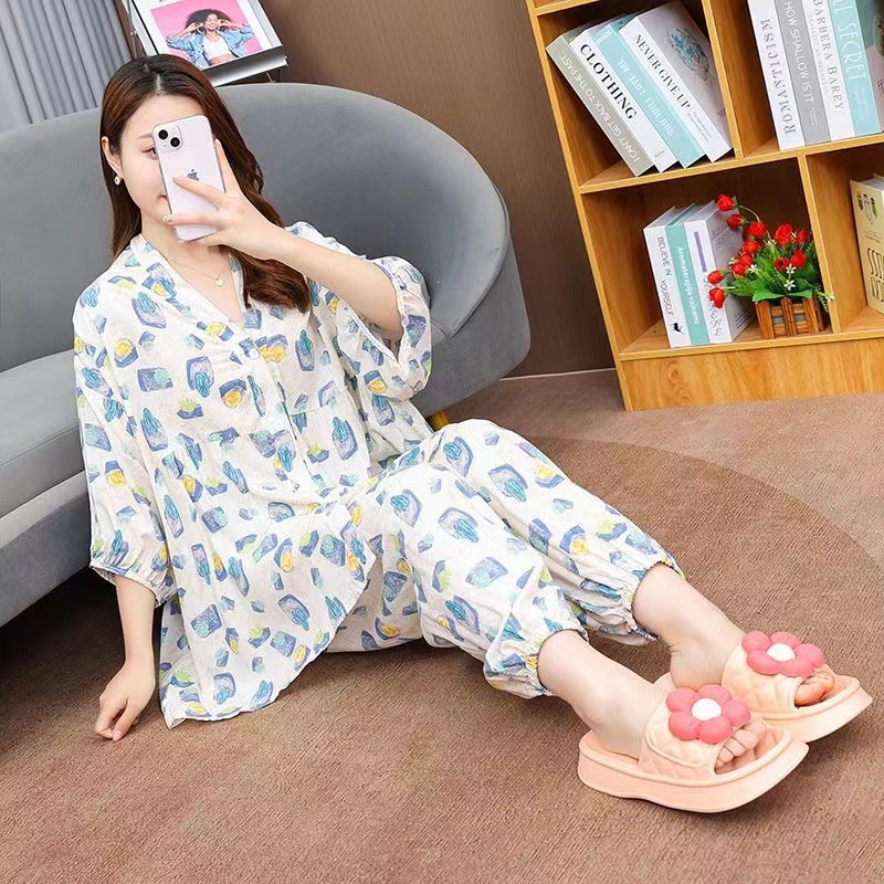Spring summer pijama, flashlight, thin set, loose fit, V-neckline