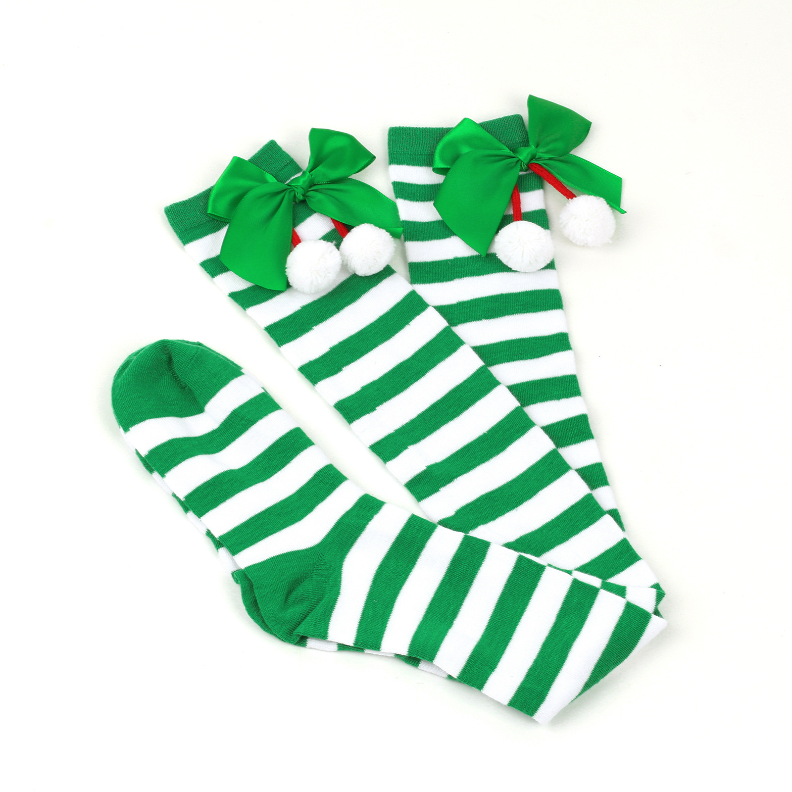 Calzini natalizi unisex con fiocco, calzini a palla, sopra il ginocchio, calzini lunghi da donna, calzini natalizi a righe_voghion.com