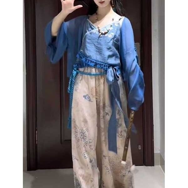 Improved Hanfu Women's New Chinese Style National Style Outerwear with Straps and Song Dynasty Pants Han Element Set Spring and Autumn New Style Other