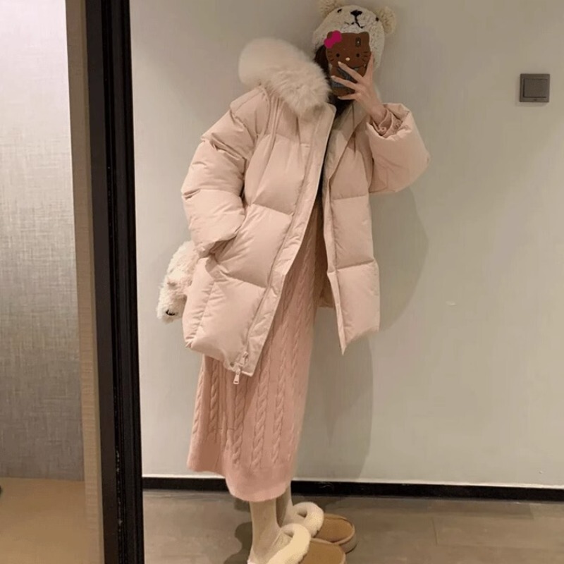Japanese Style Sweet Style Pink Fur Collar Hooded Loose Cotton-padded Coat Women's Autumn and Winter Warm Thickened High-grade Bread Suit