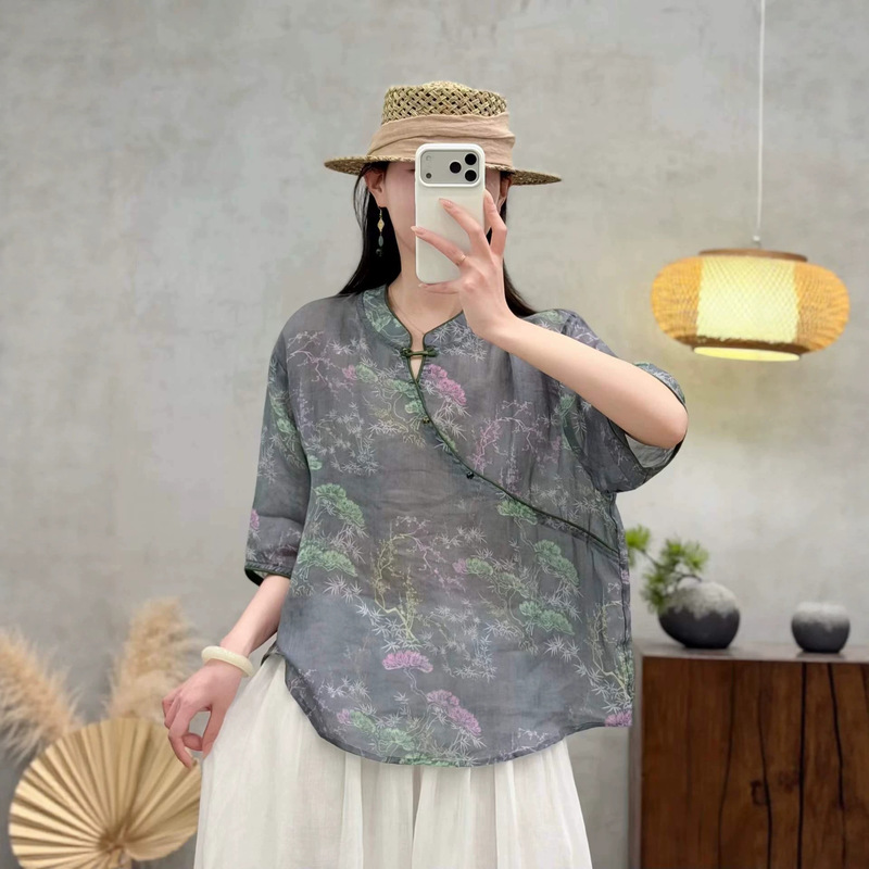 2026 Summer New Style National Style Floral Print Distressed Ramie Shirt Loose Round Neck Pullover Single Button Top for Women 2026 Summer New Style National Style Floral Print Distressed Ramie Shirt Loose Round Neck Pullover Single Button Top for Women