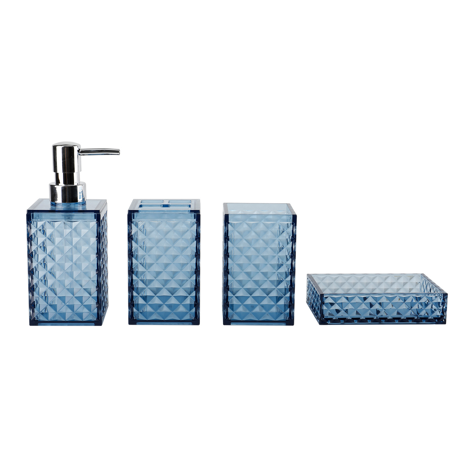 Cuarto de baño de plástico de cuatro piezas de diamante transparente Plaid fábrica al por mayor lavado baño enjuague bucal cepillo titular de cuatro piezas conjunto