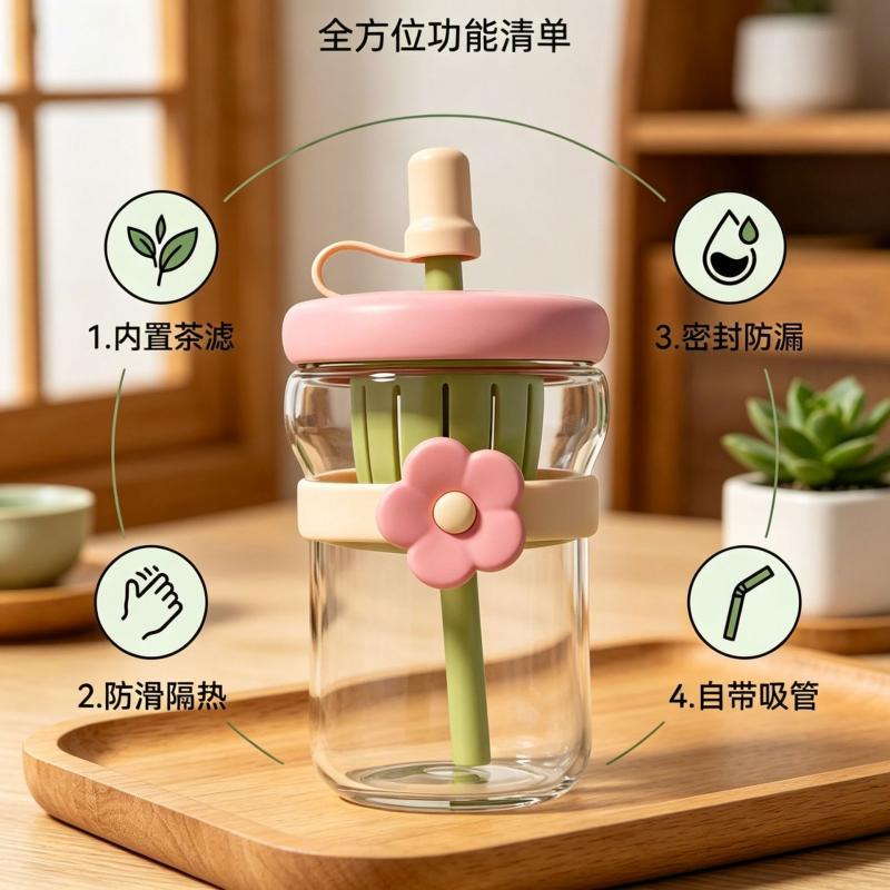 高見えフラワーガラスストロー付き水筒500ML