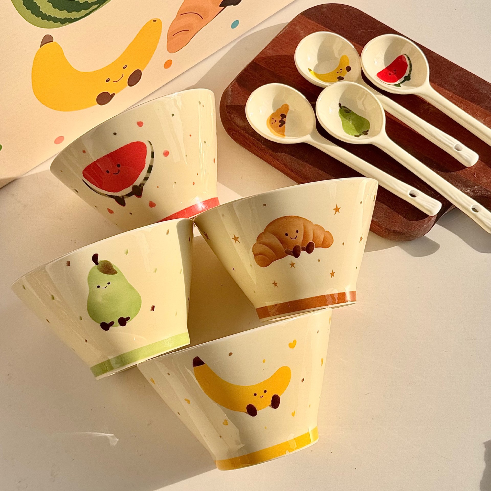 Fruit 5-inch bamboo hat bowl [4 bowls, 4 spoons]