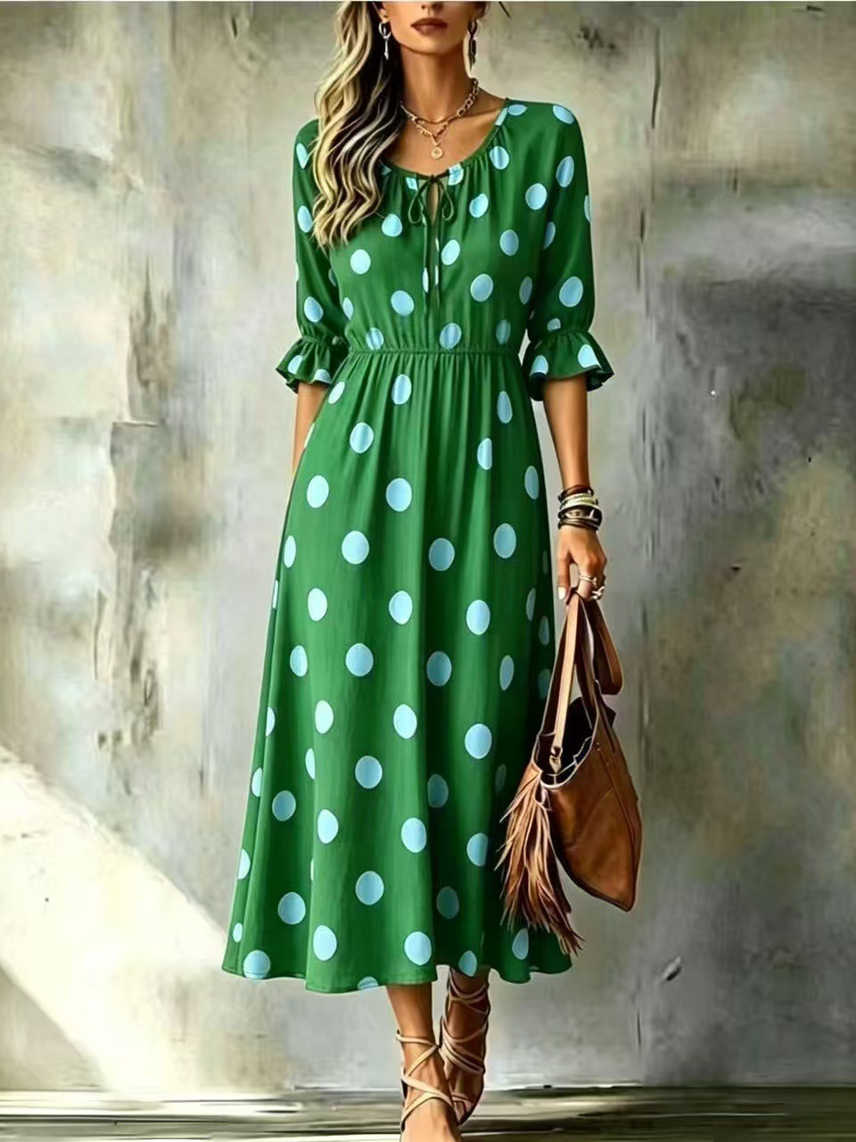 2026 New Cross-Border Women's Fashion European and American Style Waist-Cinching Slimming Mid-Length Resort-Style Polka Dot Print Dress