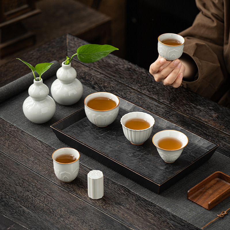 德化草木灰茶具品茗杯主人单杯陶瓷芭蕉仿古花口功夫茶具茶杯盖置