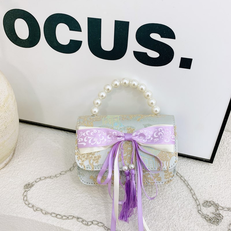 Bolsas de niños nuevas bolsas de mano de perlas de estilo nacional, bolsas de cadena de arco de bordilla princesa, bolsas de hombro de moda nacional de niñas lotes