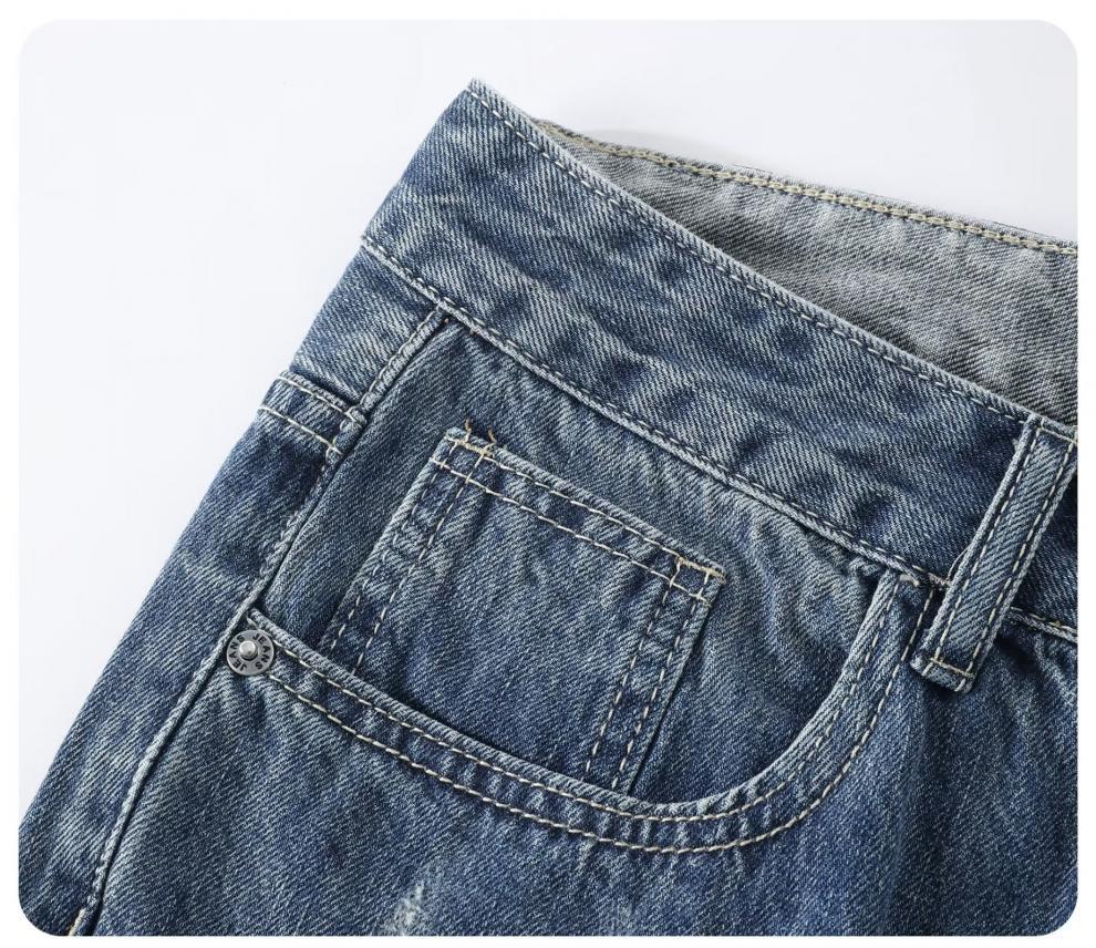 Men's Ripped Denim Shorts Casual Loose Fit Washed Perforated Straight Leg Mid Waist Trendy Summer Style Cotton Five Point Pants_mkmklike.com