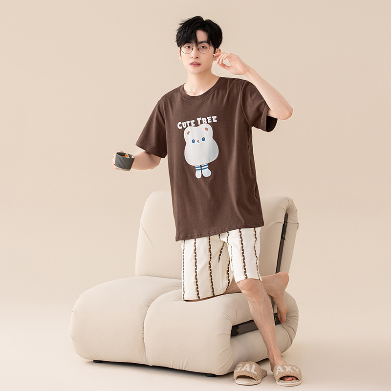 Class A Antibacterial 100% Cotton Pajamas Men's Summer Short-sleeved Shorts Round Neck Cartoon plus size Cotton Home Clothes for Men