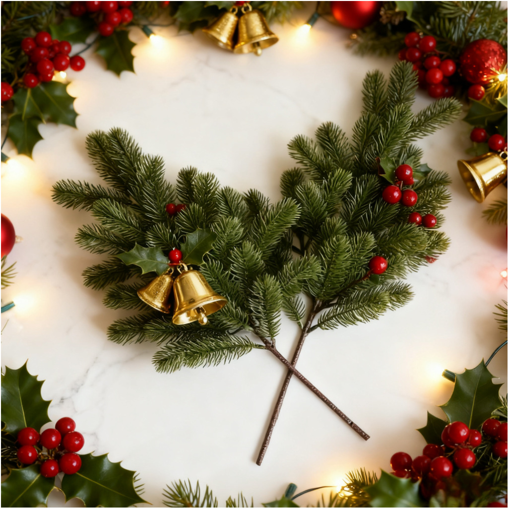 Cross-Border Hot-Selling Simulated Plants Christmas Pine Needles and Cypress Leaves Bunch Christmas Accessories Fake Flowers Home Decoration Wholesale