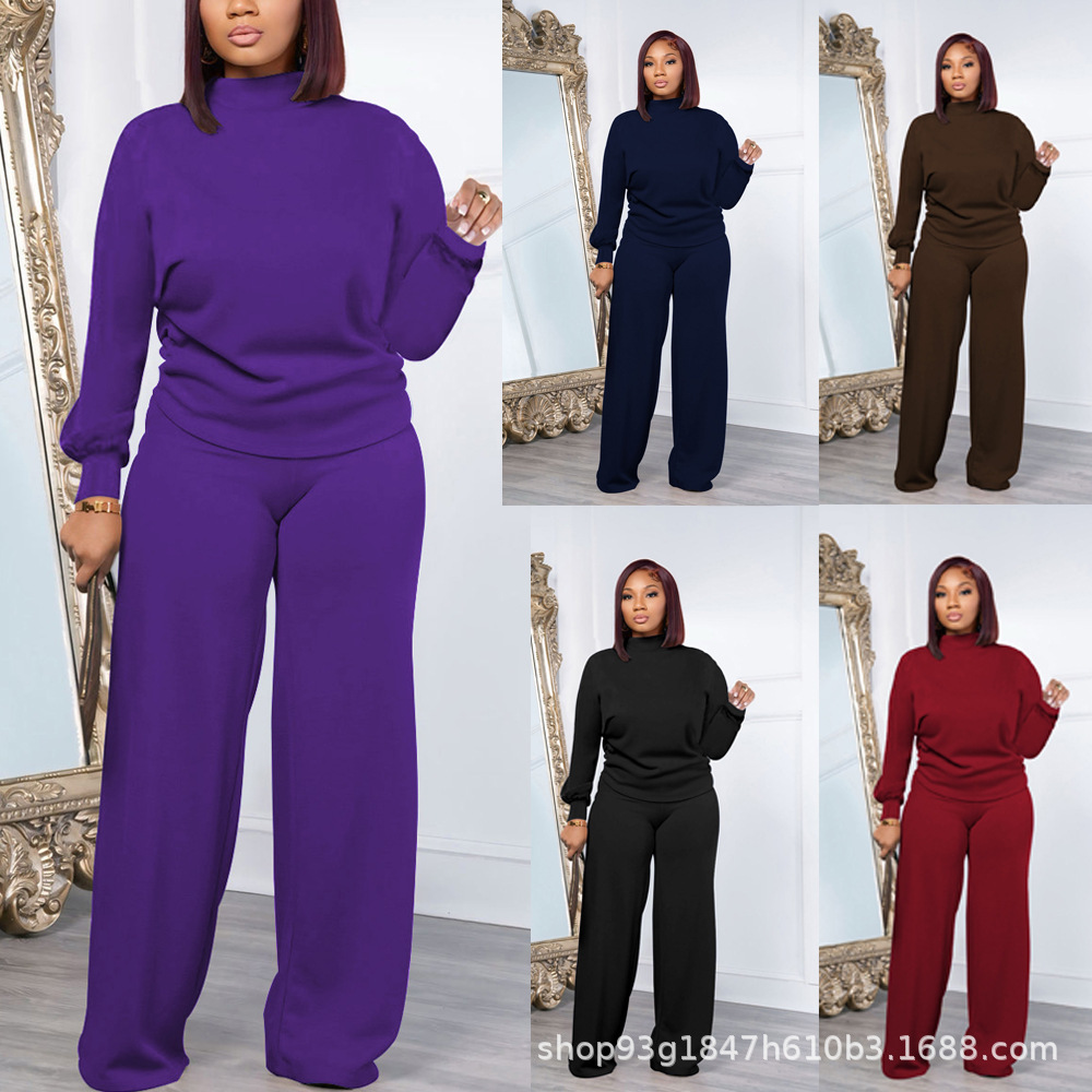 European and American Cross-Border Amazon Foreign Trade Autumn and Winter Solid Color Pullover Long-Sleeved Pants Women's Fashion Casual Sweatshirt Suit