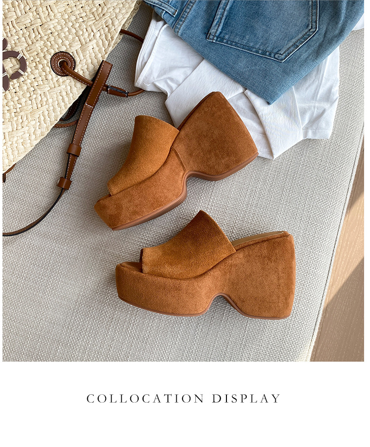 Dép sandal nữ đế xuồng da lộn gót siêu cao 11cm quai ngang hở mũi — Màu nâu, Màu đen chi tiết 32