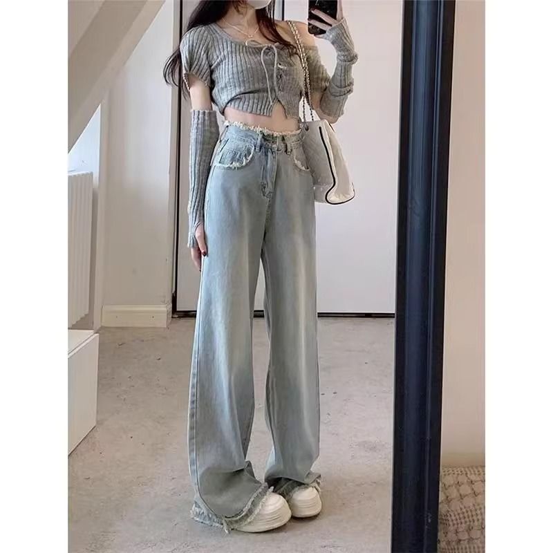 Raw Edge New Style Light Blue Jeans for Women Spring Niche Retro High Waist Slim Wide Leg Straight Floor-Length Pants