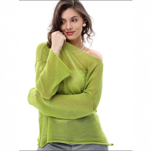 European and American-style thin oversized crew-neck T-shirt with flared sleeves, 2025 spring/summer women's see-through hollow-out knit top