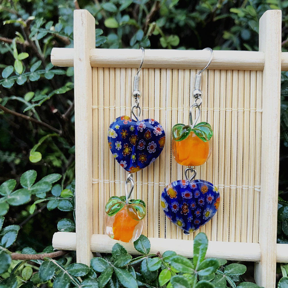 15g Weight Alloy Ear Needle Material Drop Earrings Classification 1 Pair Quantity Daily Occasion Glass, Metal Material Persimmon, Heart Shape, Flower Pattern All Seasons Season Women's Gender Polished Finish Asymmetrical Design Cute Style 1 Pair Cute Persimmon Heart Shape Flower Asymmetrical Glass Metal Drop Earrings 15