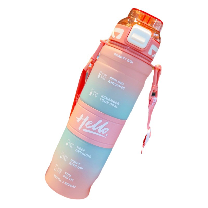 Venta al por mayor de alta calidad taza de paja de plástico taza de agua correa portátil botella de agua de paja estudiante gradiente color hervidor de agua 1000ml