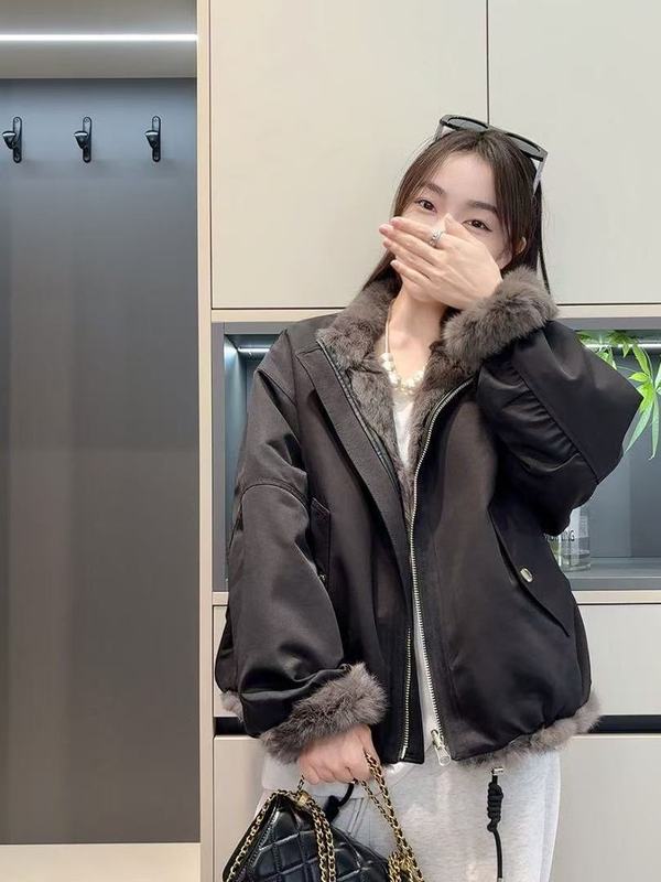 冬装新款安哥拉兔毛皮草女短款立领拉链外套宽松保暖双面穿派克服|undefined