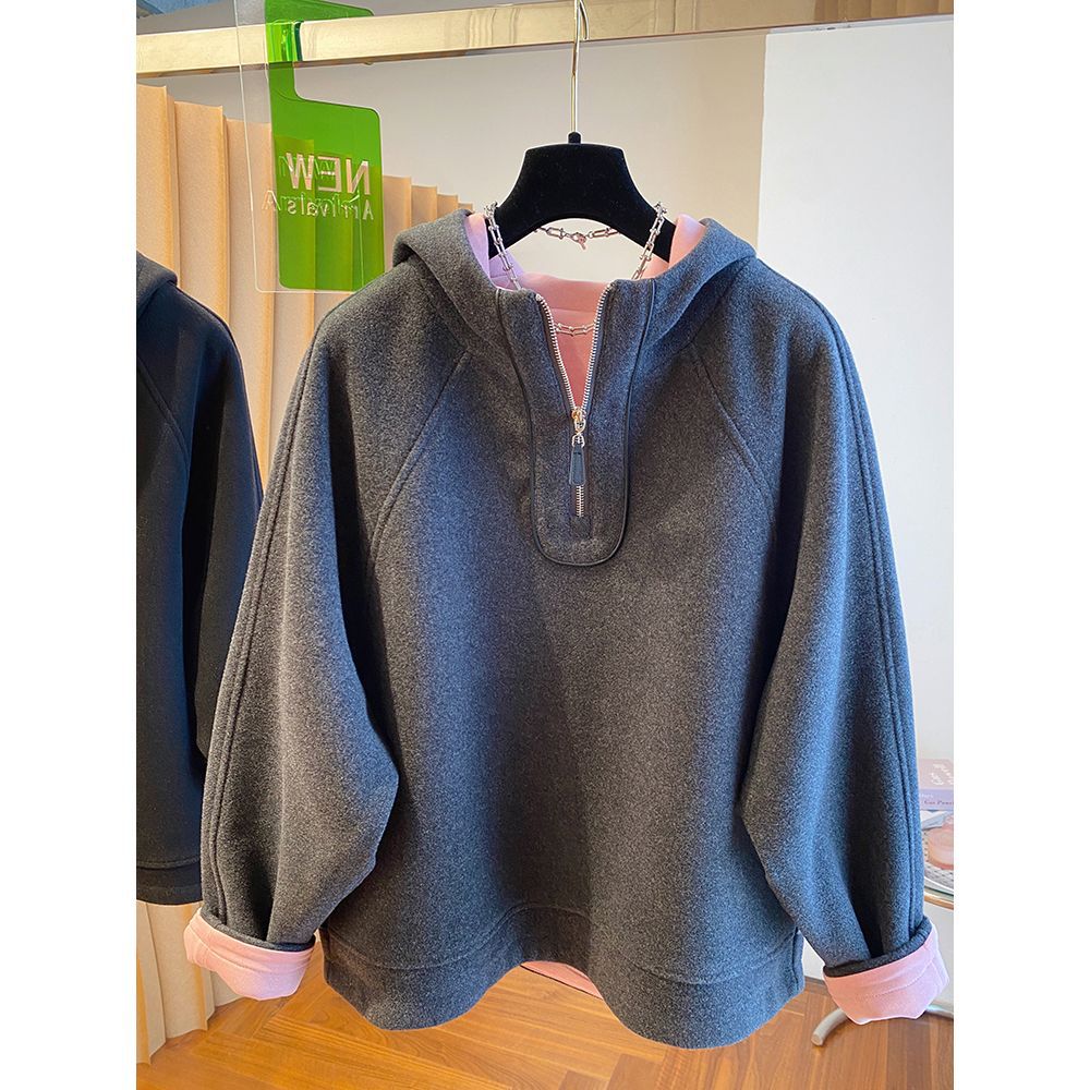 外贸剪标~专柜尾货清仓设计感撞色半拉链连帽卫衣女秋冬宽松外套