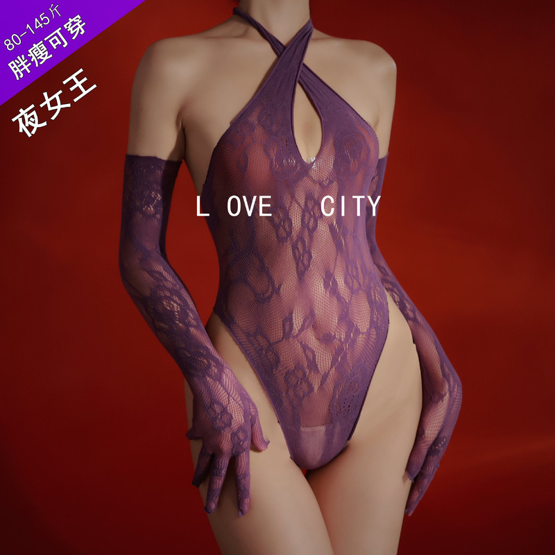 American Style Sexy Lace Hollow-out Body Shaping Jumpsuit Perspective Halter Strap Backless Pure Desire Fishing Net Underwear Open File