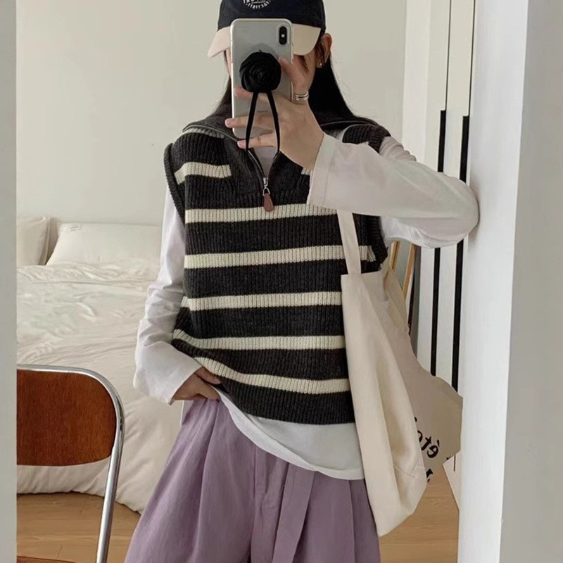 コントラストカラーストライプハーフジッププルオーバーノースリーブセーター女性のための秋の新しいレイヤードチョッキニットベストトップ|undefined
