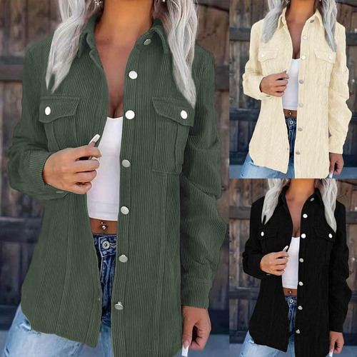 European and American Autumn/Winter New Arrival Solid-Color Corduroy Lapel Cardigan Loose Casual Elegant Coat for Women