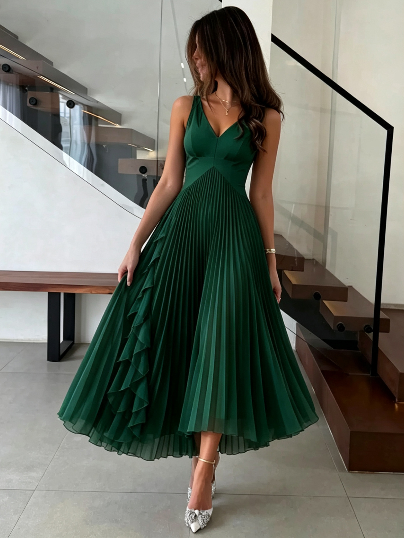 972W Europa y Estados Unidos vestido largo transfronterizo elegante plegado temperamento sin mangas plegado chiffon vestido de fiesta vestido largo