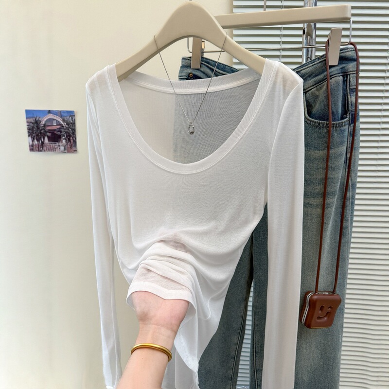 New Summer U-Neck Long-Sleeved Sun Protection Blouse for Women Loose Thin T-Shirt Top